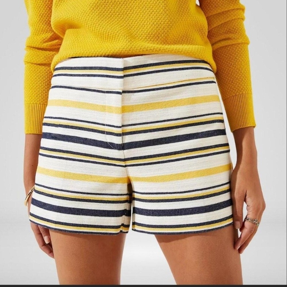 Loft Riviera Shorts Womens 8 Yellow Navy Blue Striped Woven Textured Preppy